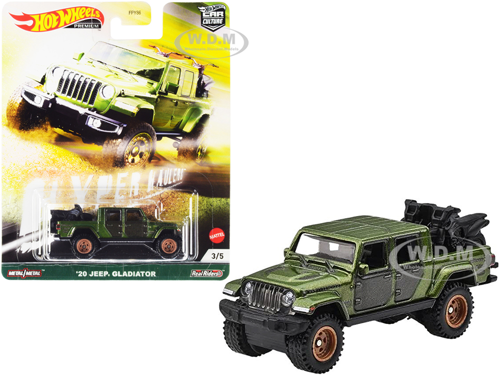 2020 Jeep Gladiator Rubicon Pickup Truck With Two Motorcycles Green Metallic And Gray Hyper Haulers Series Diecast Model Car By Hot Wheels