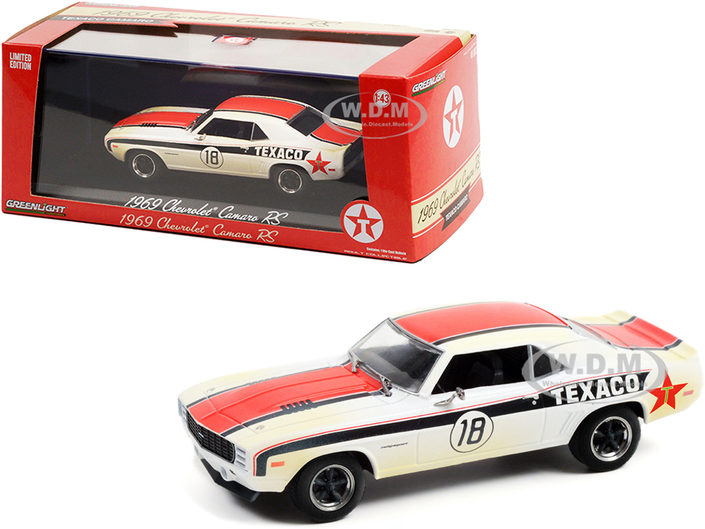 1969 Chevrolet Camaro RS 18 "Texaco" White with Black and Orange Stripes (Weathered) 1/43 Diecast Model Car by Greenlight