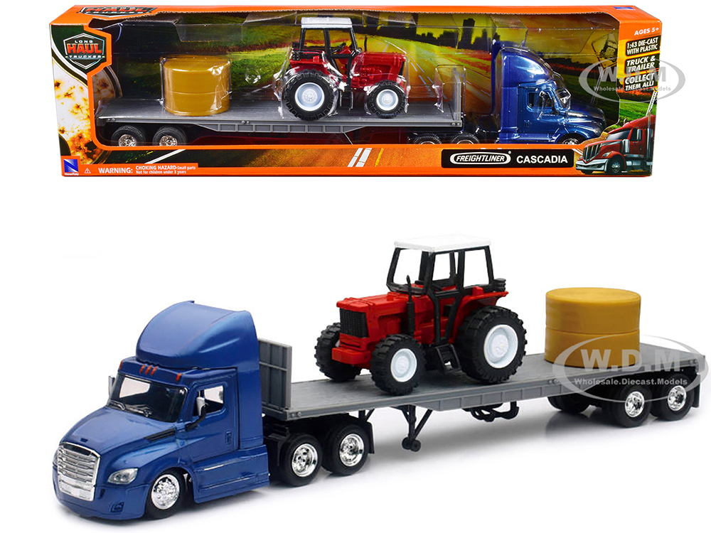 Freightliner Cascadia with Flatbed Trailer Blue with Farm Tractor Red and Hay Bales 