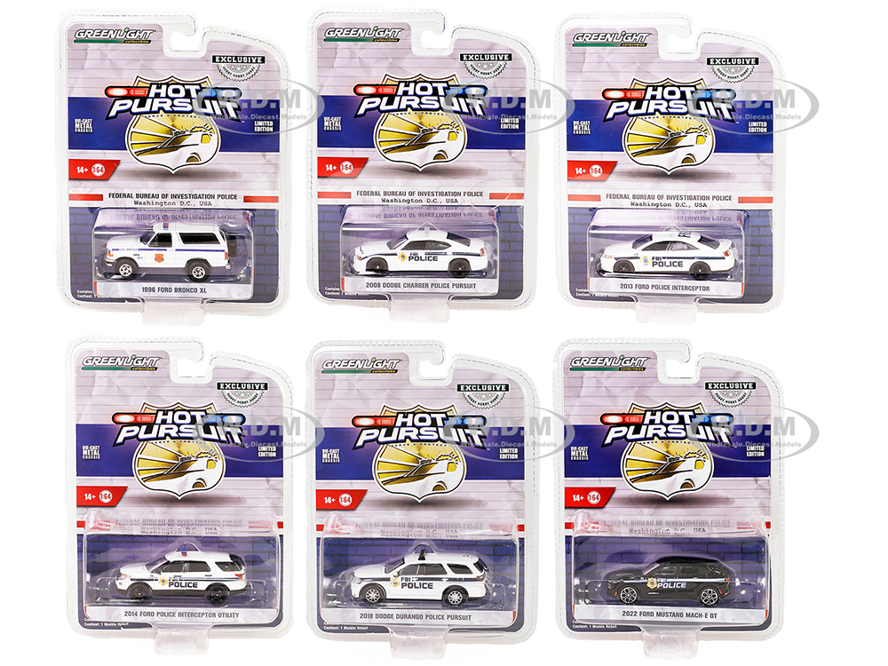 Hot Pursuit Special Edition FBI Police (Federal Bureau Of Investigation Police) Set Of 6 Police Cars 1/64 Diecast Model Cars By Greenlight