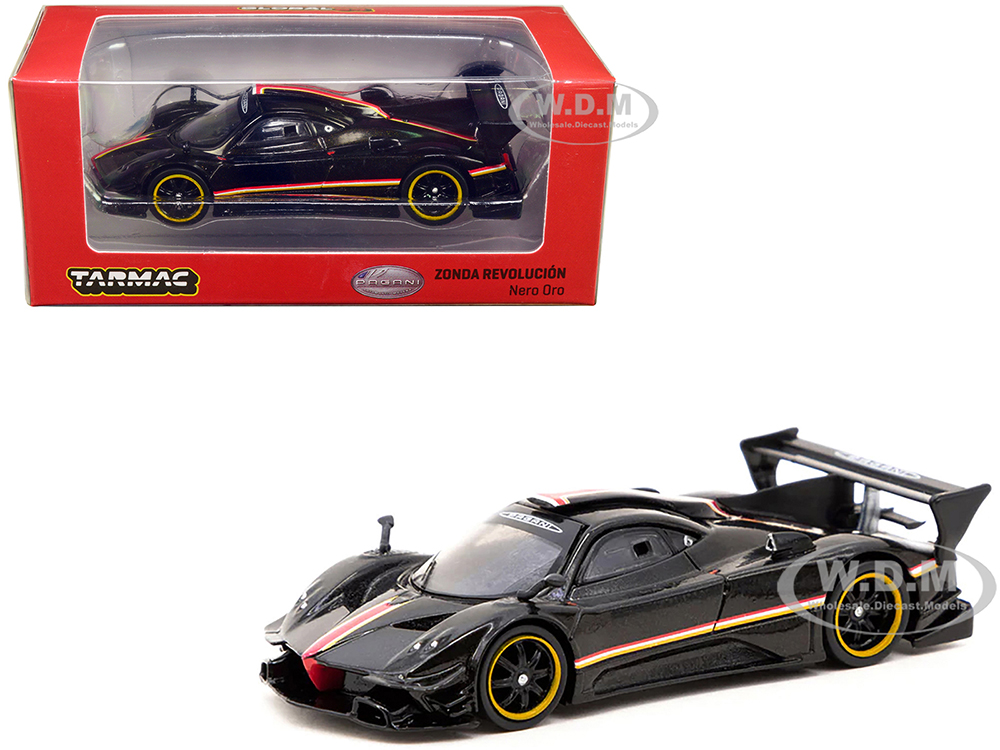 Pagani Zonda Revolucion Nero Oro Black Metallic with Stripes Global64 Series 1/64 Diecast Model Car by Tarmac Works