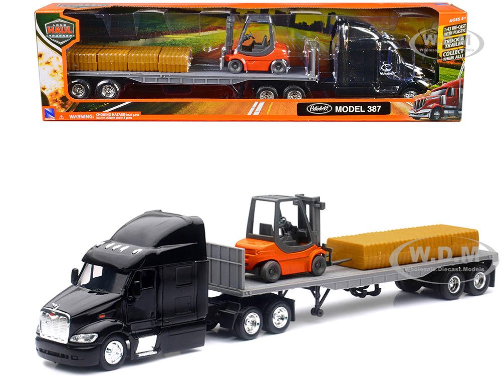 Peterbilt 387 Truck with Flatbed Trailer Black with Forklift and Hay Bales Long Haul Trucker Series 1/43 Diecast Model by New Ray