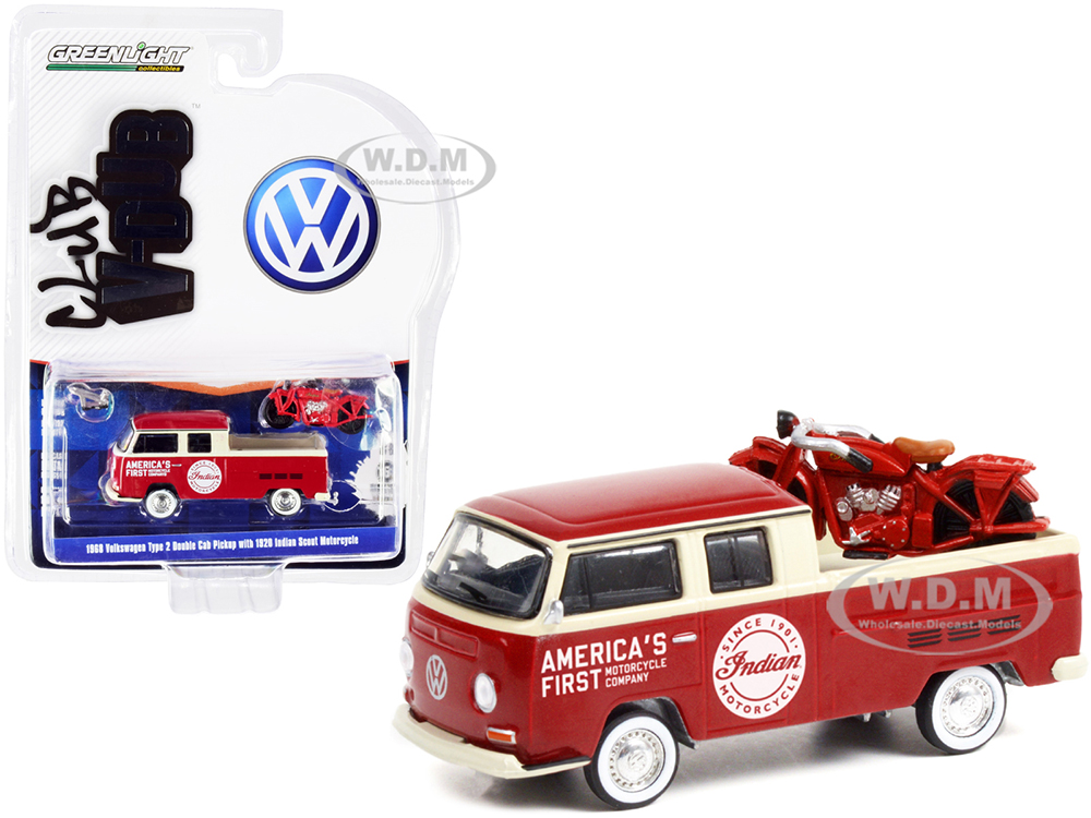 1968 Volkswagen Type 2 Double Cab Pickup Truck Red and Cream "Americas First Motorcycle Company" and 1920 Indian Scout Motorcycle Red "Club Vee V-Dub