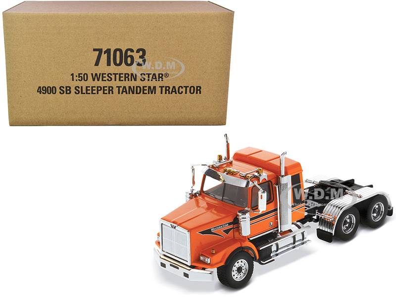 Western Star 4900 SB Tandem Sleeper Cab Truck Tractor Orange With Black Stripes Transport Series 1/50 Diecast Model By Diecast Masters