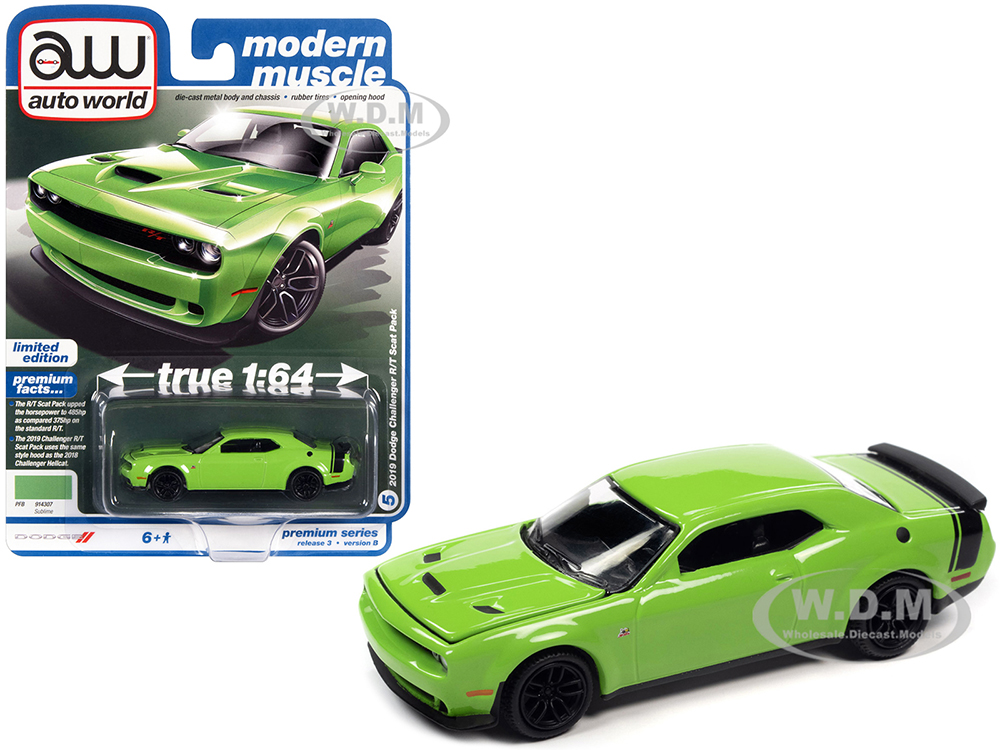 2019 Dodge Challenger R/T Scat Pack Sublime Green with Black Tail Stripe "Modern Muscle" Limited Edition 1/64 Diecast Model Car by Auto World