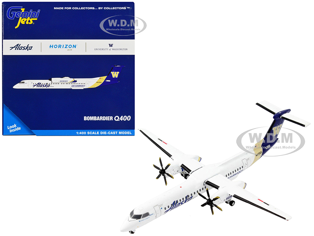 Bombardier Q400 Commercial Aircraft Alaska Airlines - University of Washington Huskies White with Purple and Gold Tail 1/400 Diecast Model Airplane by GeminiJets