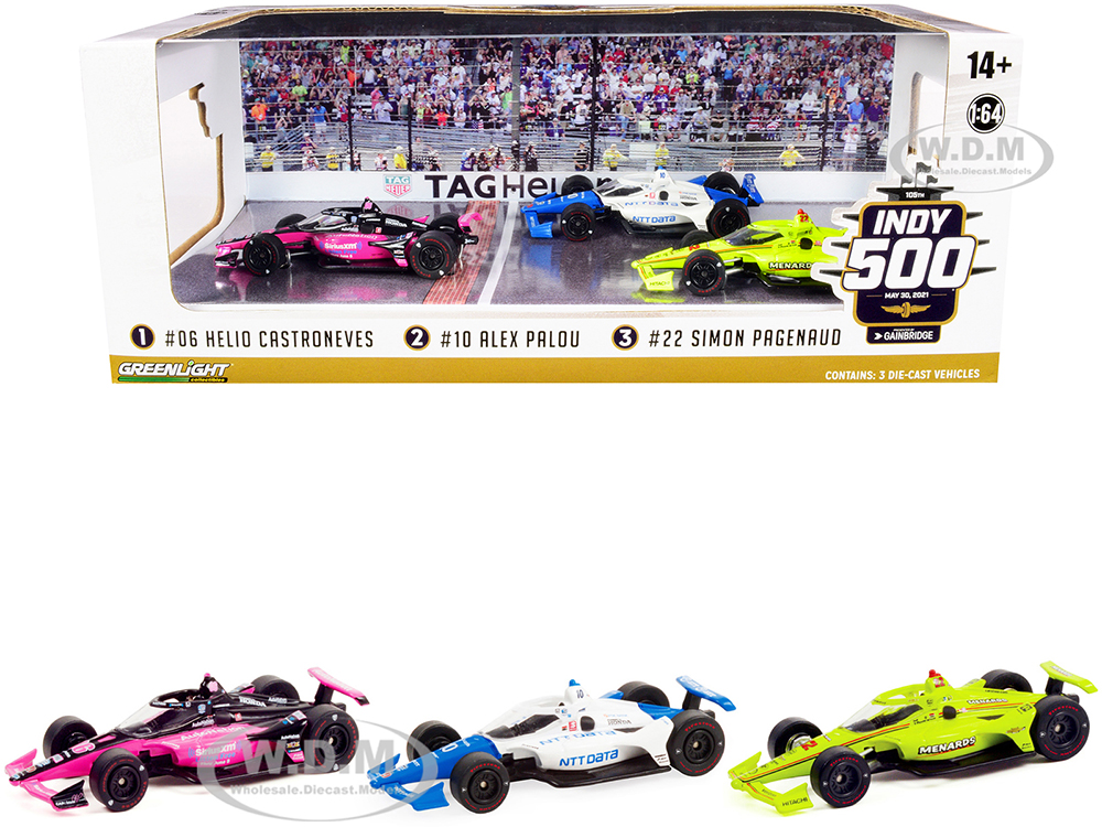 "105th Indianapolis 500" (2021) Podium Set of 3 IndyCars 1/64 Diecast Model Cars by Greenlight