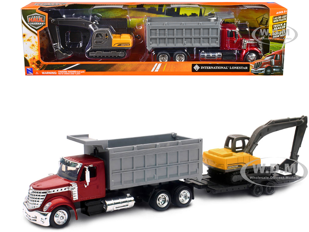 International Lonestar Dump Truck Red And Tracked Excavator Yellow With Flatbed Trailer Long Haul Truckers Series 1/43 Diecast Model By New Ray