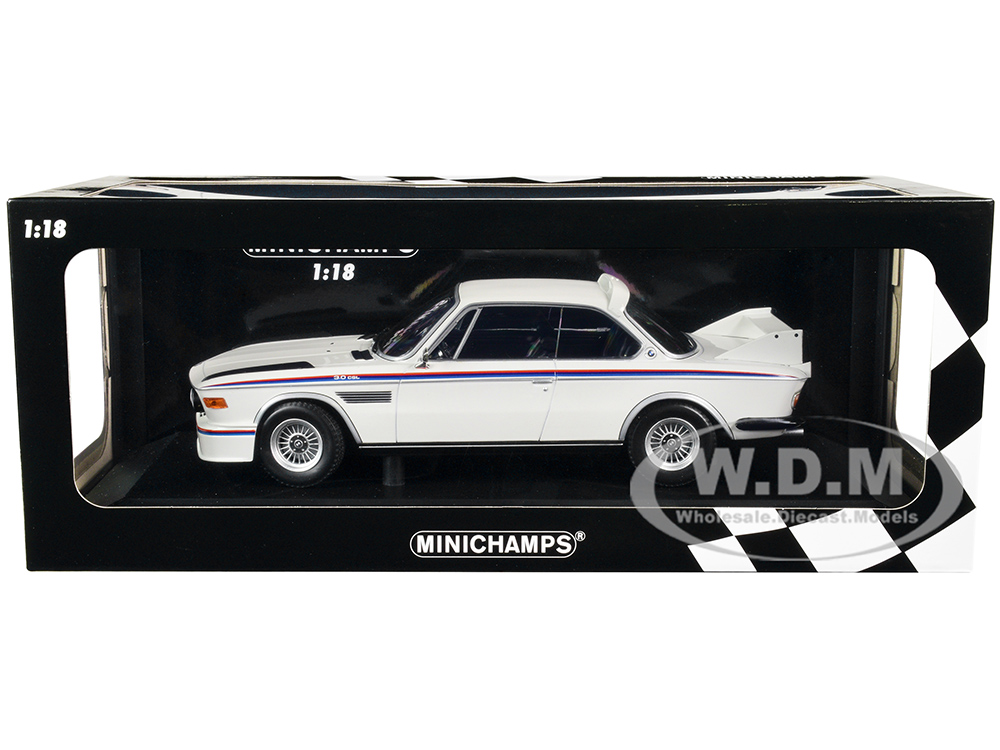 1973 BMW 3.0 CSL White with Red and Blue Stripes Limited Edition to 600 pieces Worldwide 1/18 Diecast Model Car by Minichamps