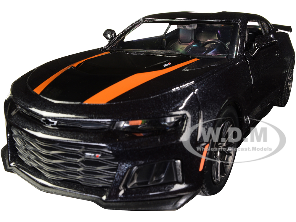 2017 Chevrolet Camaro ZL1 Black Metallic with Orange Stripes 1/24 Diecast Model Car by Motormax