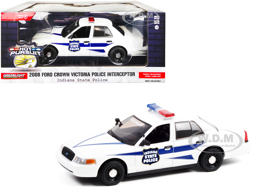 2008 Ford Crown Victoria Police Interceptor White with Dark Blue Stripes "Indiana State Police" "Hot Pursuit" Series 1/24 Diecast Model Car by Greenl