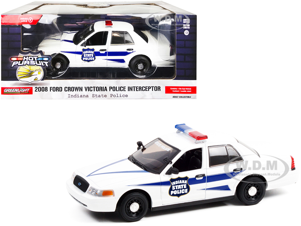 2008 Ford Crown Victoria Police Interceptor White with Dark Blue Stripes Indiana State Police Hot Pursuit Series 1/24 Diecast Model Car by Greenlight