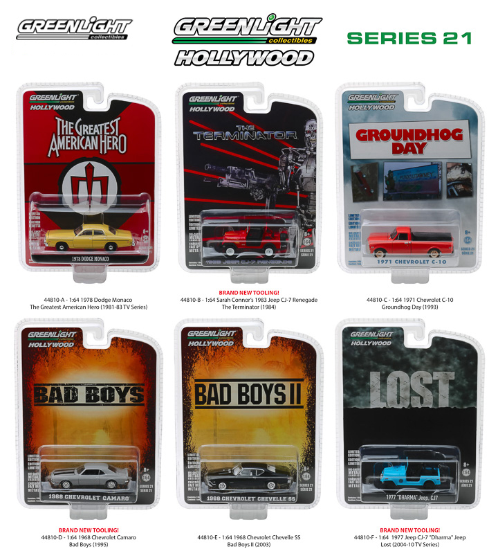 Brand new 1:64 scale diecast car models of Hollywood Series / Release 21 6 piece Set die cast car models by Greenlight.Brand new boxes.Limited edition.Chrome accents.Real rubber tires.Detailed exteriors.True-to-scale detail.Authentic decoration.Custom themed packaging.Die-cast metal body and chassis.Each model is packed in an individual blister pack.Dimensions of each car is approximately L-2.5-3.5 inches long.PLEASE NOTE: Might come with a chase car instead of one of the cars in a set but it is not guaranteed.THIS SET INCLUDES FOLLOWING MODELS:1) 1968 Chevrolet Camaro Gray "Bad Boys" (1995) Movie.2) 1971 Chevrolet C-10 Orange "Groundhog Day" (1993) Movie.3) 1977 Jeep CJ-7 "Dharma" Blue "Lost" (2004-2010) TV Series.4) 1968 Chevrolet Chevell