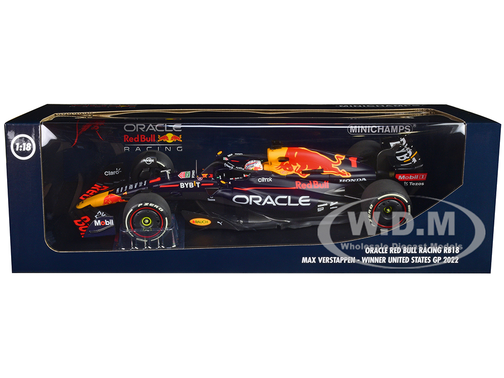 Red Bull Racing RB18 #1 Max Verstappen Oracle Winner F1 Formula One United States GP (2022) with Driver Limited Edition to 258 pieces Worldwide 1/18 Diecast Model Car by Minichamps