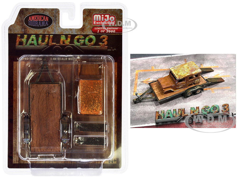 "Haul N Go 3" 6 piece Diecast Model Set (1 Flatbed Trailer 1 Abandoned Car 2 Ramps) Limited Edition to 3600 pieces Worldwide for 1/64 scale models by