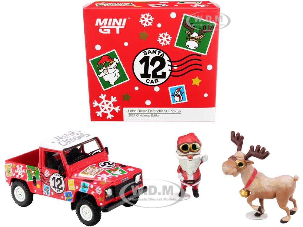 Land Rover Defender 90 Pickup Truck RHD (Right Hand Drive) 12 Santa Car Matt Red with Santa Claus and Reindeer Figurines "2021 Christmas Edition" Lim