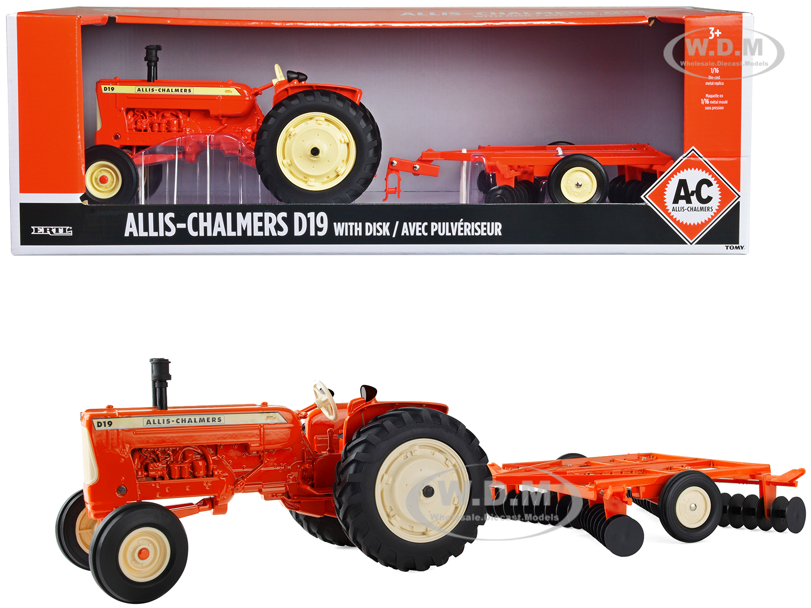 Allis-Chalmers D19 Tractor with Disk Harrow Orange 1/16 Diecast Model by ERTL TOMY