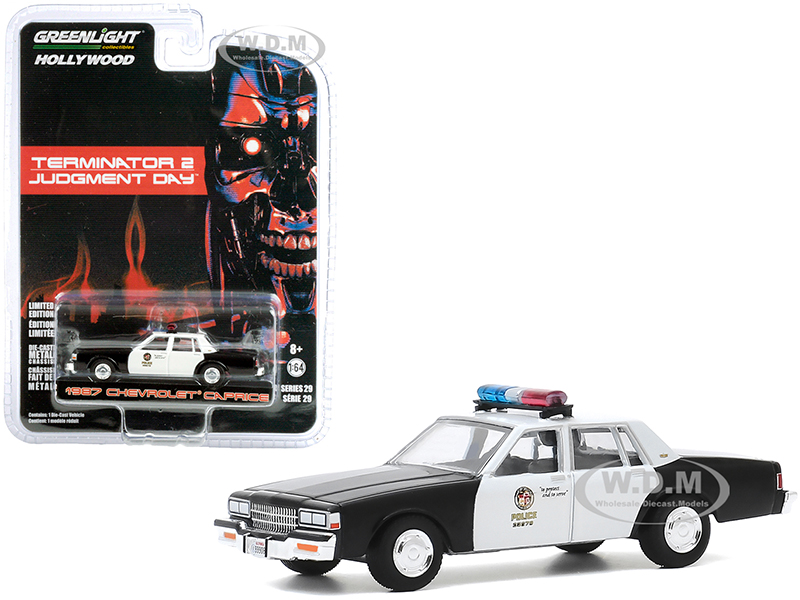 1987 Chevrolet Caprice "Metropolitan Police" Black and White "Terminator 2 Judgment Day" (1991) Movie "Hollywood Series" Release 29 1/64 Diecast Mode