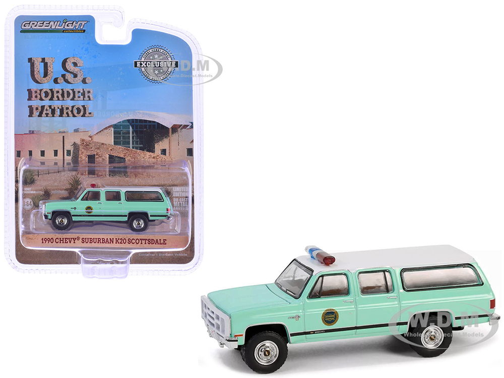 1990 Chevrolet Suburban K20 Scottsdale United States Border Patrol Light Green with White Top Hobby Exclusive Series 1/64 Diecast Model Car by Greenlight