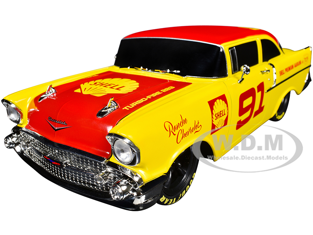 1957 Chevrolet 150 Sedan #91 Yellow with Red Hood and Top Shell Oil Limited Edition to 6250 pieces Worldwide 1/24 Diecast Model Car by M2 Machines