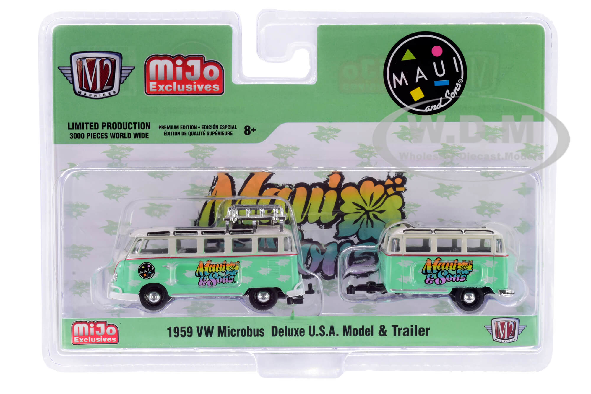 1959 Volkswagen Microbus Deluxe U.S.A. with Roof Rack with Travel Trailer Light Green and Cream 