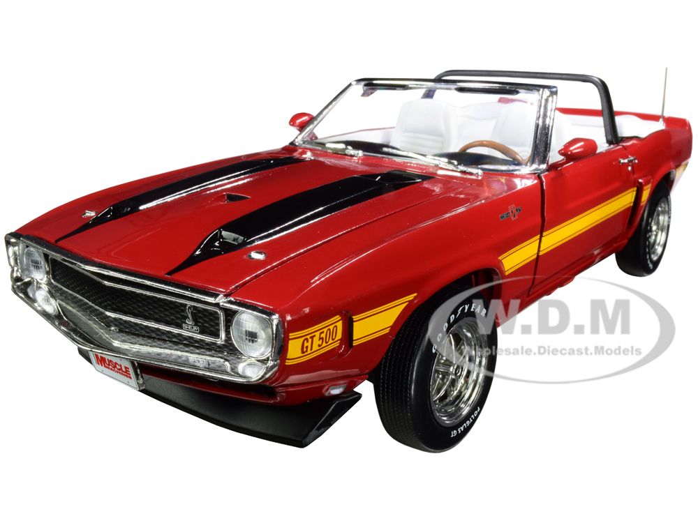 1970 Ford Mustang Shelby GT500 Convertible Candy Apple Red with Black and Yellow Stripes Hemmings Muscle Machines Magazine Cover Car (July 2010) 1/18 Diecast Model Car by Auto World