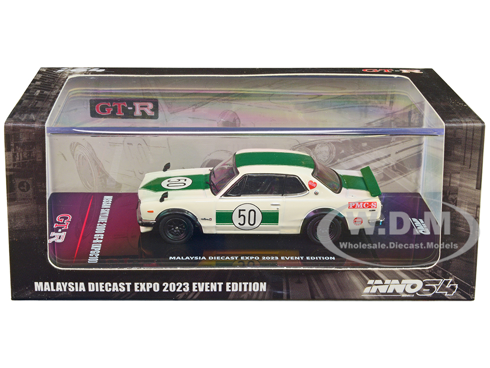 Nissan Skyline 2000 GT-R (KPGC10) #50 RHD (Right Hand Drive) White with Green Stripes Malaysia Diecast Expo Event Edition (2023) 1/64 Diecast Model Car by Inno Models
