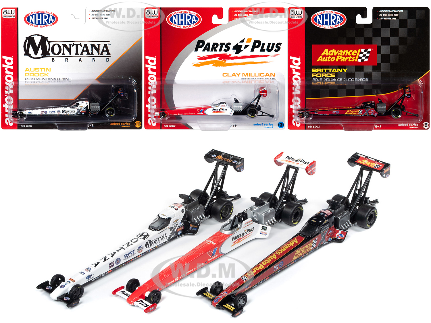 2019 Nhra Tfd (top Fuel Dragster) Release 2 Set Of 3 Pieces 1/64 Diecast Model Cars By Autoworld