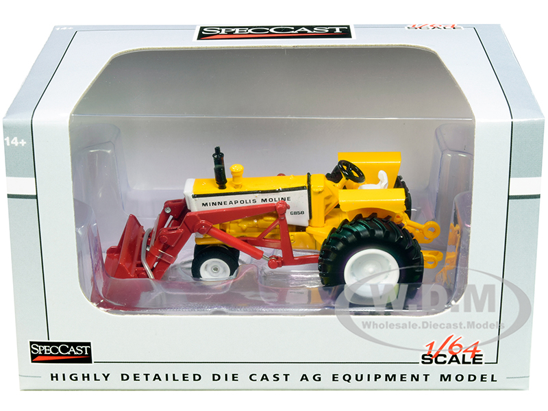Minneapolis Moline G850 Narrow Front Tractor with Loader Yellow and Red 1/64 Diecast Model by SpecCast