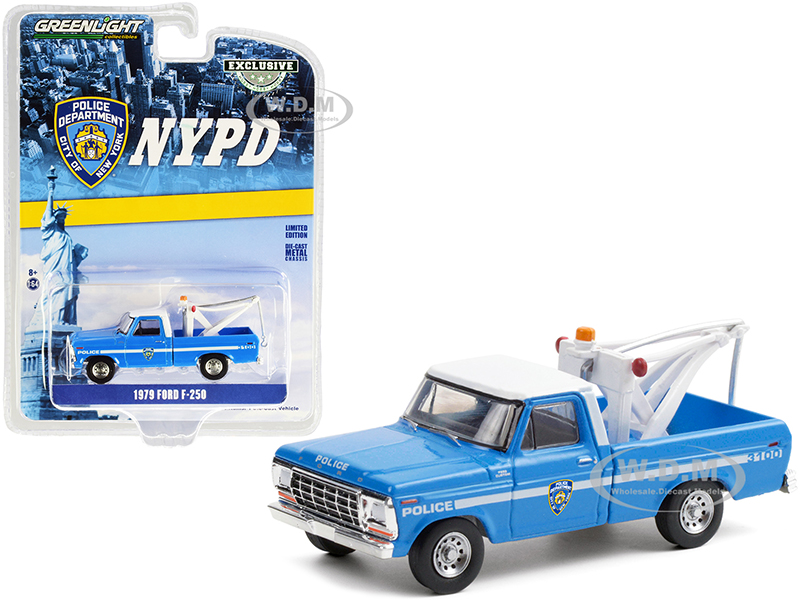 1979 Ford F-250 Tow Truck with Drop-In Tow Hook Blue with White Top "New York City Police Dept." (NYPD) "Hobby Exclusive" 1/64 Diecast Model Car by G