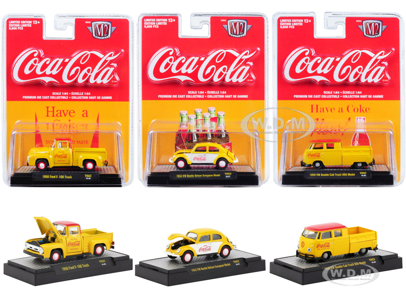 "coca-cola" Yellow Release 2 Set Of 3 Cars Limited Edition To 9600 Pieces Worldwide "hobby Exclusive" 1/64 Diecast Model Cars By M2 Machines