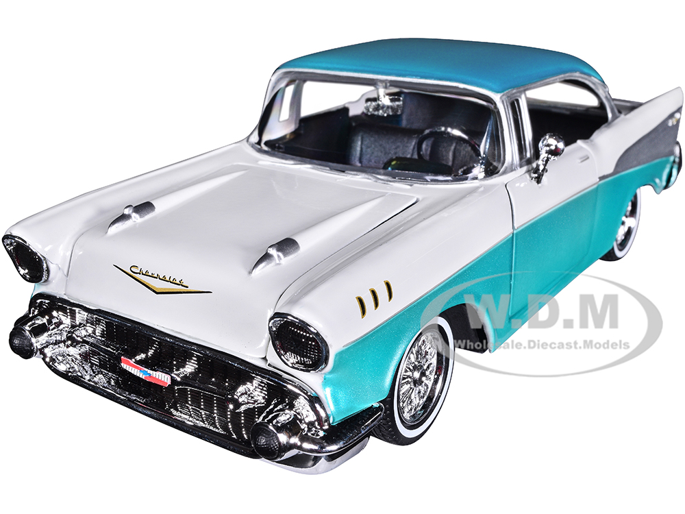 1957 Chevrolet Bel Air Lowrider Turquoise Metallic and White Get Low Series 1/24 Diecast Model Car by Motormax