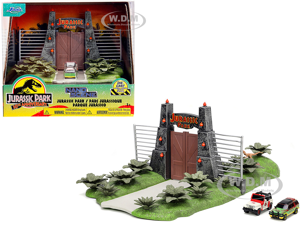 Jurassic Park Theme Park Entrance Diorama with Jeep Wrangler and Ford Explorer 30th Anniversary "Jurassic Park" (1993) Movie "Nano Hollywood Rides" S