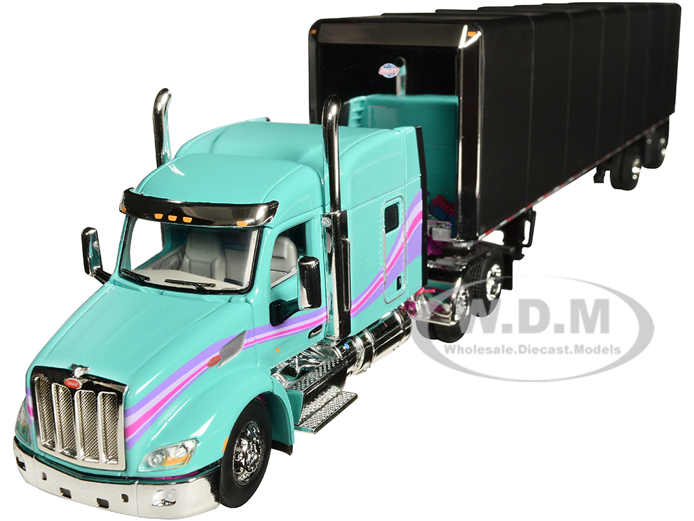 Peterbilt 579 With 72 Mid-Roof Sleeper And 53 Utility RollTarp Trailer Teal And Black With Purple Stripes 1/64 Diecast Model By DCP/First Gear