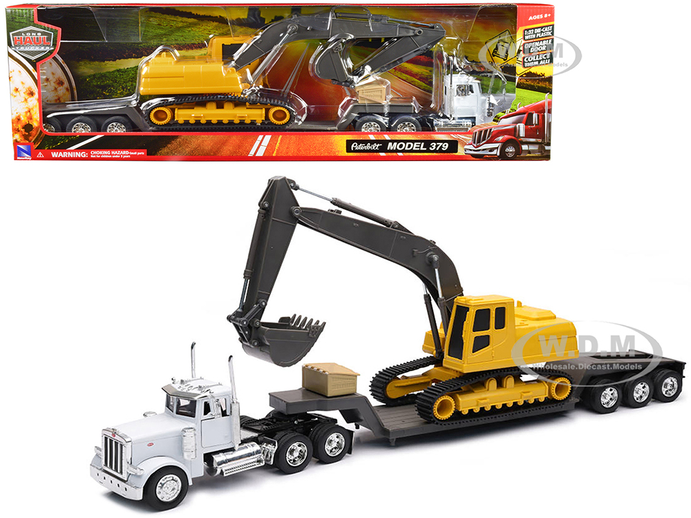 Peterbilt 379 Truck with Lowboy Trailer White and Backhoe Yellow "Long Haul Trucker" Series 1/32 Diecast Model by New Ray