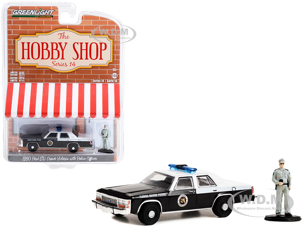 1990 Ford LTD Crown Victoria Police Black and White "Florida Marine Patrol" and Police Officer "The Hobby Shop" Series 14 1/64 Diecast Model Car by G