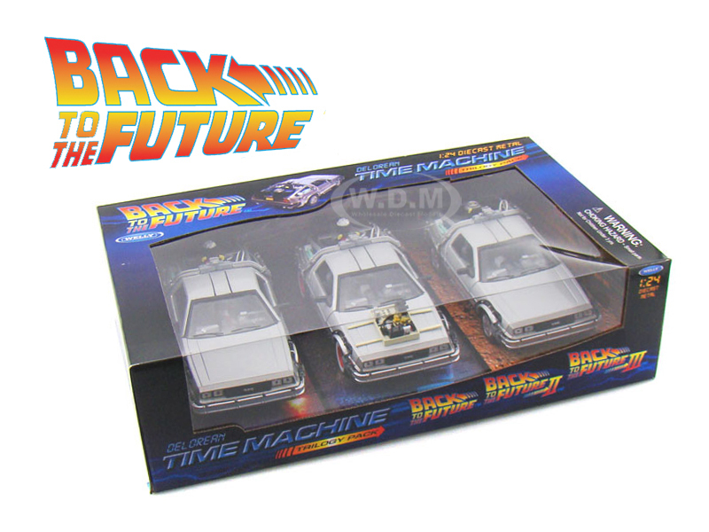 Rubber tires.Detailed interior exterior opening doors.Dimensions approximately L-7.5 W-3.5 H-3 inches.Back To The Future 1 2 3 Trilogy Delorean Time Machine Set 1/24 Diecast Car Models by Welly.