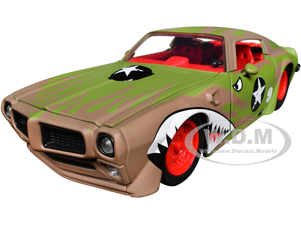 1972 Pontiac Firebird #9 Green Camouflage Flames with Graphics and Red Interior Bigtime Muscle Series 1/24 Diecast Model Car by Jada