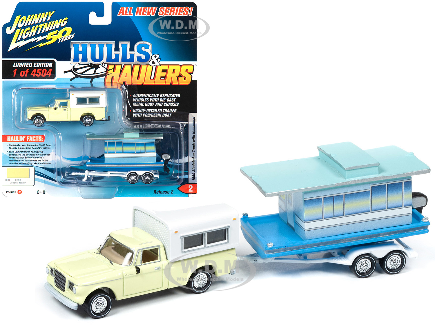 Image of 1960 Studebaker Pickup Truck with Camper Shell Jonquil Yellow with Houseboat Limited Edition to 4504 pieces Worldwide "Hulls &amp; Haulers" Series 2