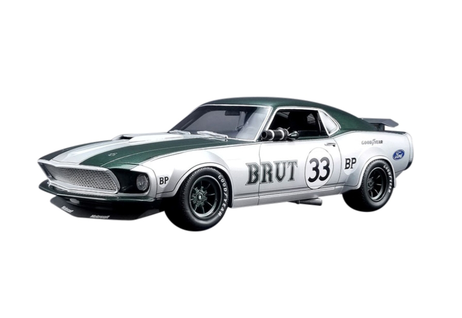 Image of 1969 Ford Mustang Boss 302 Trans Am 33 Brut Allan Moffat Silver with Green Stripes 1/18 Model Car by Real Art Replicas