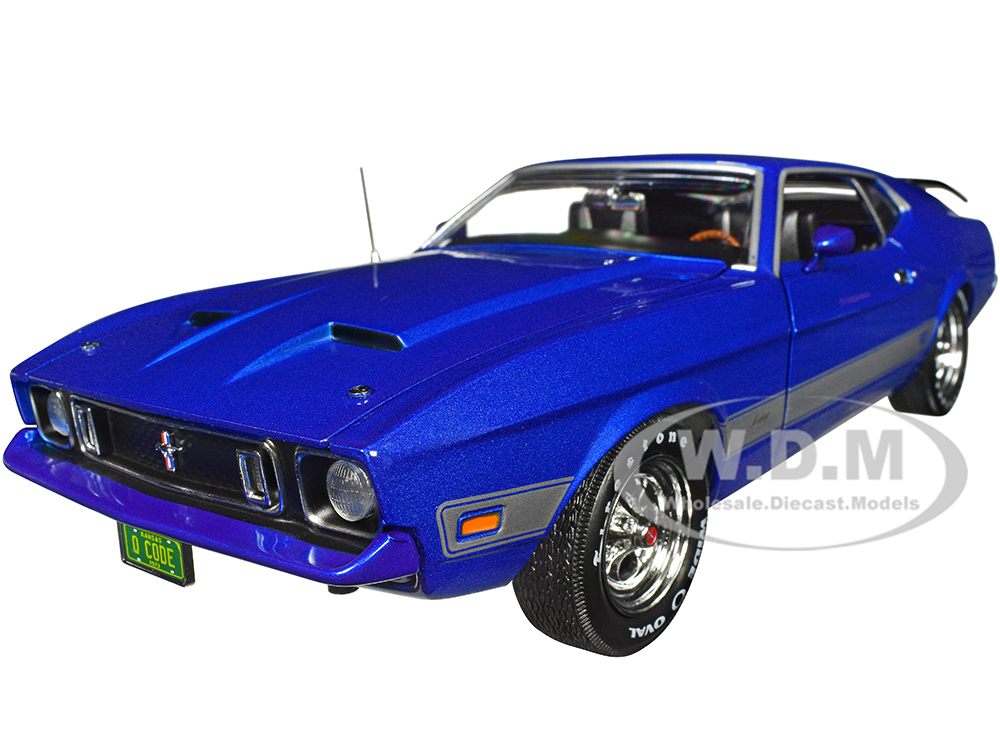 1973 Ford Mustang Mach 1 3K Blue Glow Metallic with Silver Stripes Class of 1973 American Muscle Series 1/18 Diecast Model Car by Auto World
