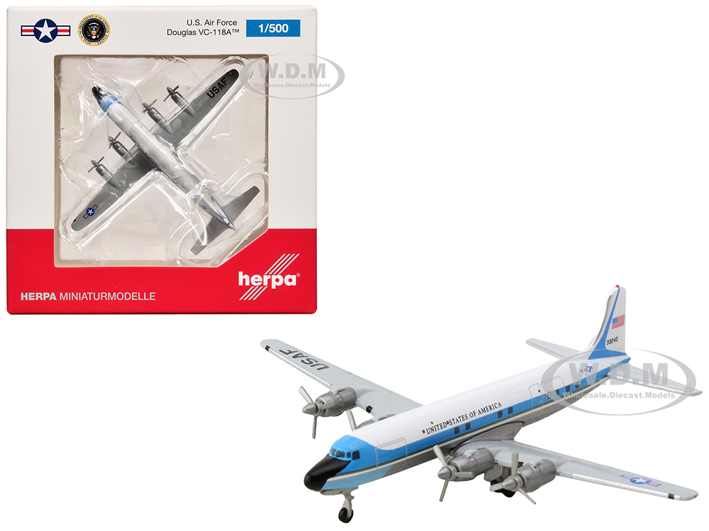 Douglas VC-118A Transport Aircraft United States Air Force One 1254th Air Transport Wing Andrews Air Base (53-3240) White with Blue Stripes 1/500 Diecast Model Airplane by Herpa