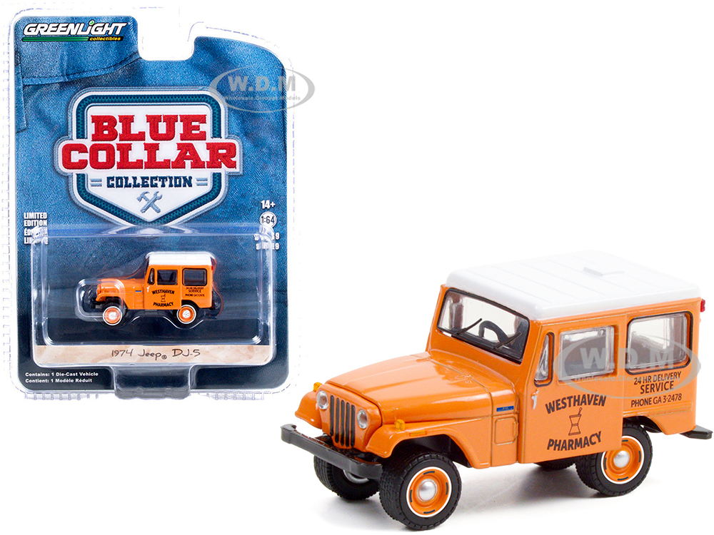 1974 Jeep DJ-5 Westhaven Pharmacy Orange With White Top Blue Collar Collection Series 9 1/64 Diecast Model Car By Greenlight