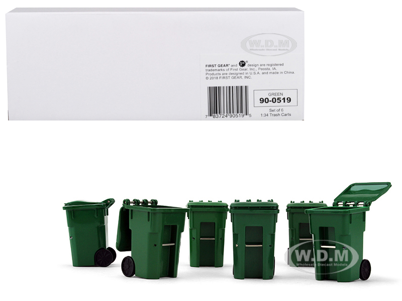 Set of 6 Green Garbage Trash Bin Containers Replica 1/34 Models by First Gear