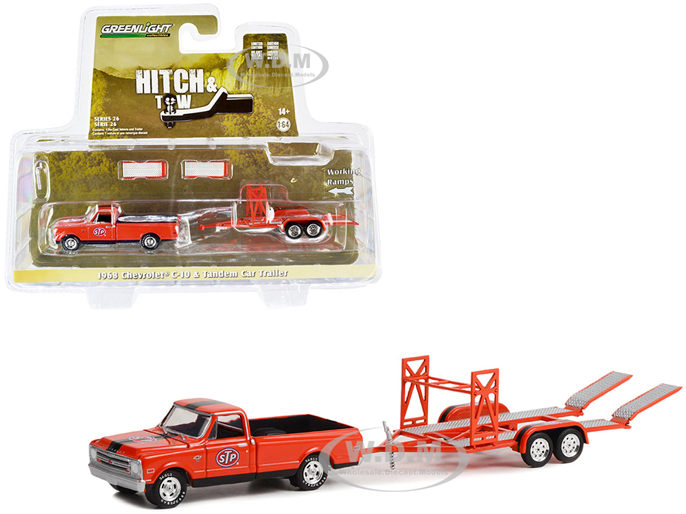 1968 Chevrolet C-10 Pickup Truck Orange with Black Stripes with Black Bed Cover and Tandem Car Trailer 