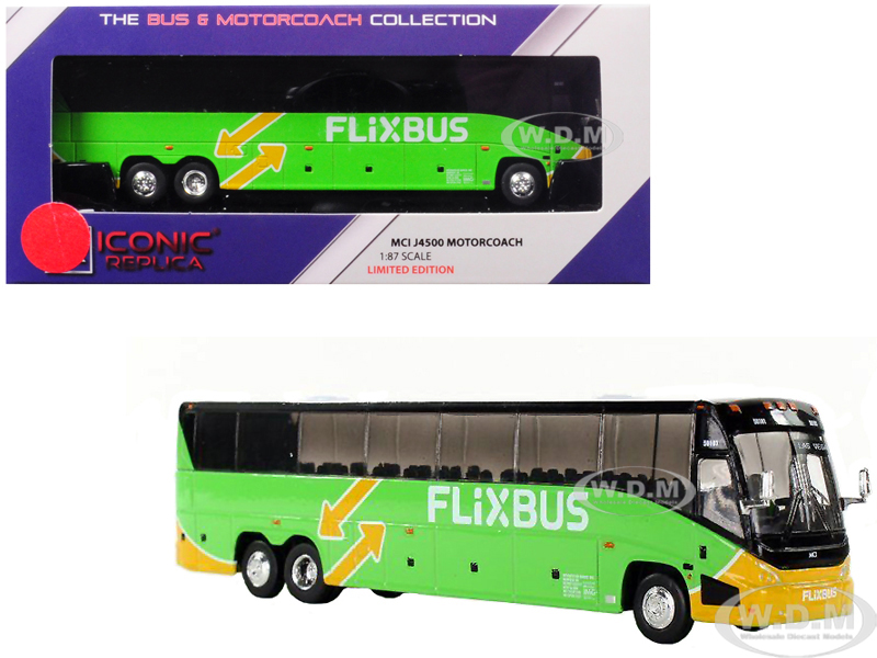 Mci J4500 Motorcoach Transit Bus "flixbus" (las Vegas) Green 1/87 Diecast Model By Iconic Replicas