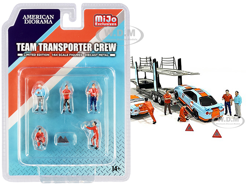 "Team Transporter Crew" Diecast Set of 6 pieces (5 Figurines and 2 Warning Triangles) for 1/64 Scale Models by American Diorama