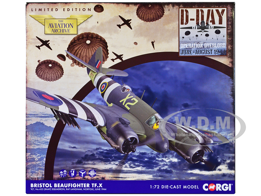 Bristol Beaufighter TF.X Fighter Aircraft NE775/X2 455 Squadron RAF Langham Norfolk (1944) British Royal Air Force The Aviation Archive Series 1/72 Diecast Model by Corgi