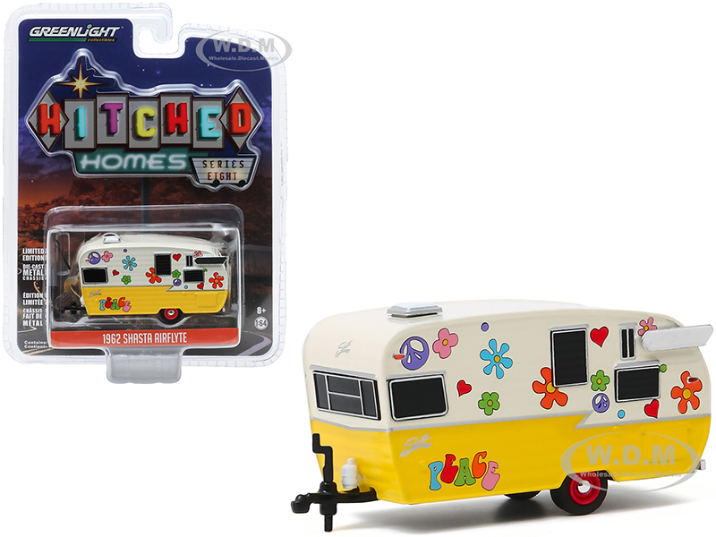 Image of 1962 Shasta Airflyte Travel Trailer "Peace and Love" Yellow and Cream "Hitched Homes" Series 8 1/64 Diecast Model by Greenlight