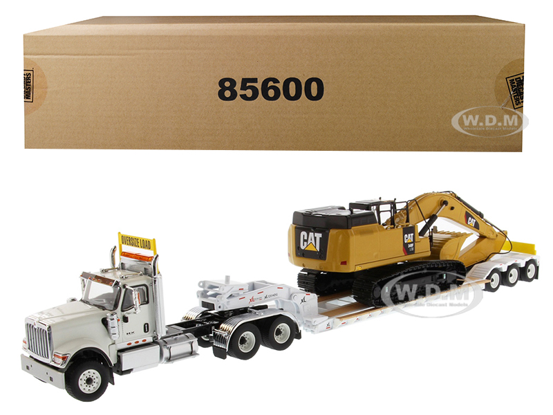 International HX520 Tandem Tractor White with XL 120 Lowboy Trailer and CAT Caterpillar 349F L XE Hydraulic Excavator Set of 2 pieces 1/50 Diecast Mo